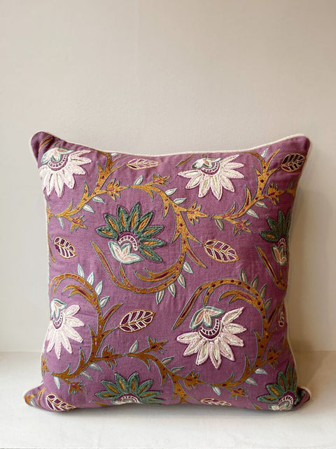 Floral Linen - Purple with Green Flowers Cushion Cover - House of Roya