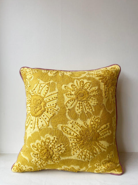 Golden Blossom with Mauve Piping Cushion Cover - House of Roya