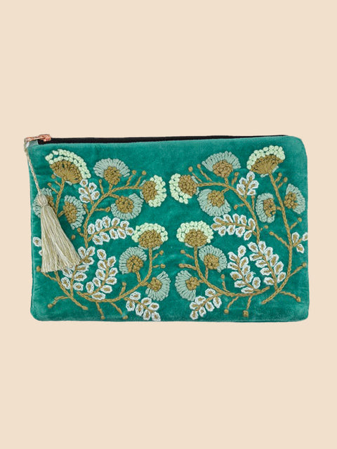 Jade Green Velvet Embroidered Clutch - House of Roya
