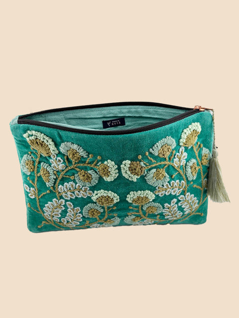 Jade Green Velvet Embroidered Clutch - House of Roya
