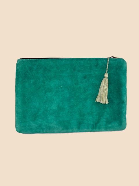 Jade Green Velvet Embroidered Clutch - House of Roya