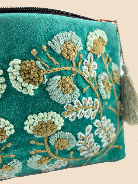 Jade Green Velvet Embroidered Clutch - House of Roya