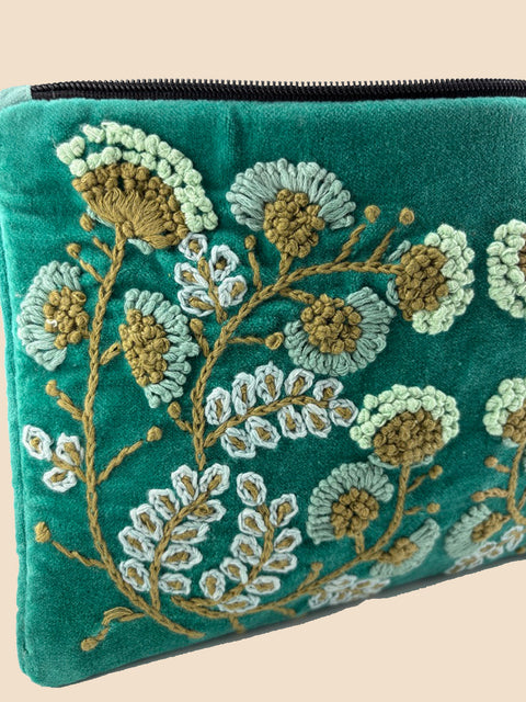 Jade Green Velvet Embroidered Clutch - House of Roya