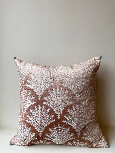 Champagne Pink Velvet with Pom Pom Cushion Cover - House of Roya