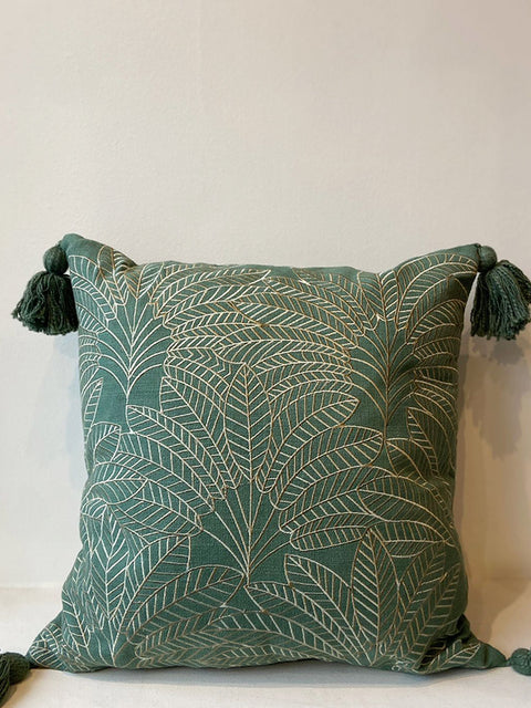 Forest Green Palm Leaf Pattern Cushion Cover - House of Roya