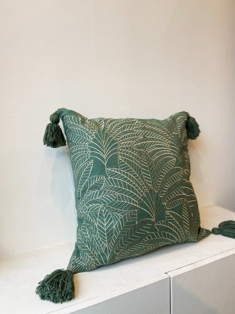 Forest Green Palm Leaf Pattern Cushion Cover - House of Roya