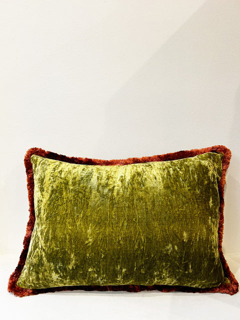 Moss Green Velvet with Copper Fringe Cushion Cover - House of Roya