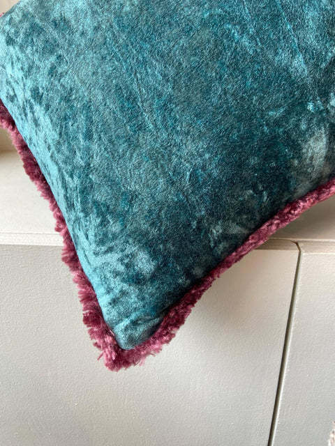 Teal Velvet with Plum Fringe Cushion Cover - House of Roya