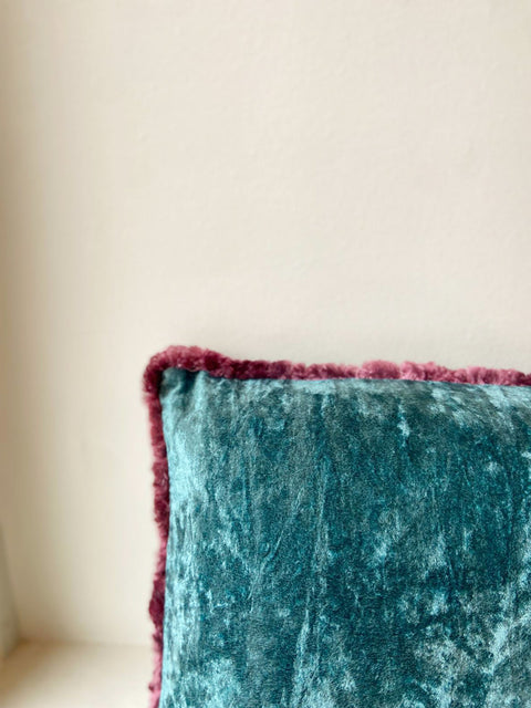 Teal Velvet with Plum Fringe Cushion Cover - House of Roya