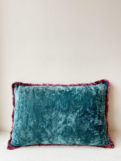 Teal Velvet with Plum Fringe Cushion Cover - House of Roya