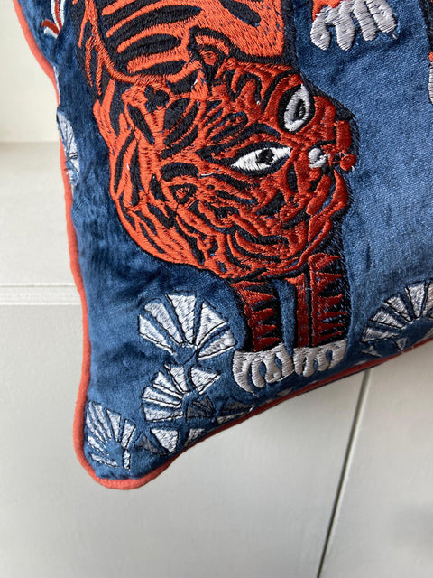 Tiger Embroidered with Orange Piping Cushion Cover - House of Roya