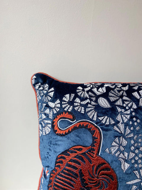 Tiger Embroidered with Orange Piping Cushion Cover - House of Roya
