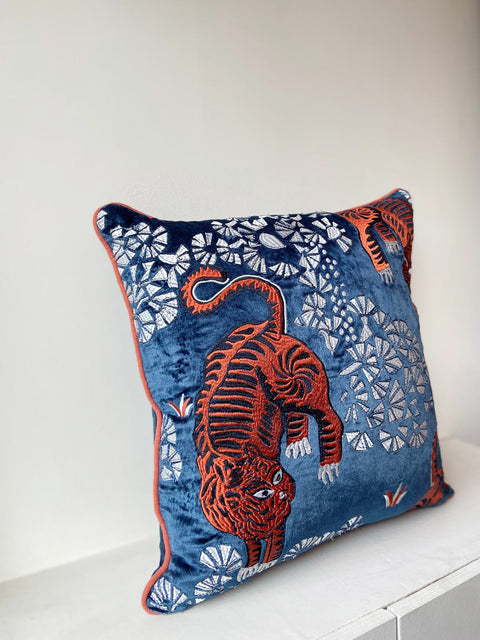 Tiger Embroidered with Orange Piping Cushion Cover - House of Roya