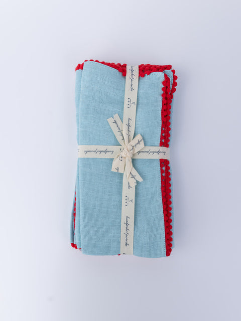 Blue Carmel Red Pom Pom Napkins - Set of 4 - House of Roya