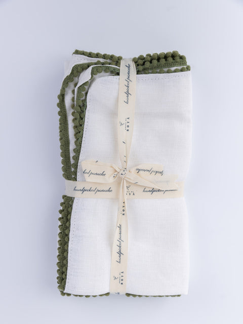 White Carmel Green Pom Pom Napkins - Set of 4 - House of Roya