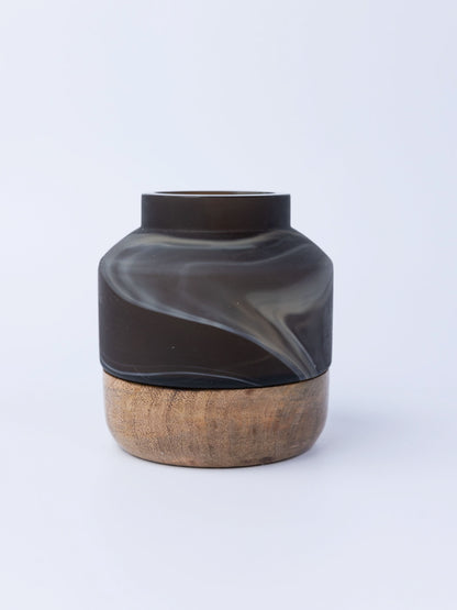 0215-Deep Smoke Vase with  Wood Base - Small