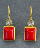 Close Up Shot of Sterling Silver Gold Plated Leila Earrings Set With Red Coral Gemstone