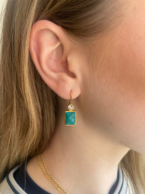 Lifestyle Shot of Sterling Silver Gold Plated Leila Earrings Set With Turquoise Gemstone