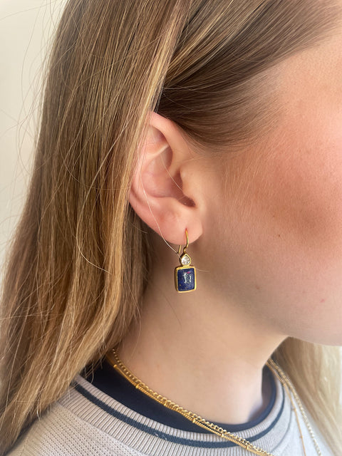 Lifestyle Shot of Sterling Silver Gold Plated Leila Earrings Set With Lapis Lazuli Gemstone