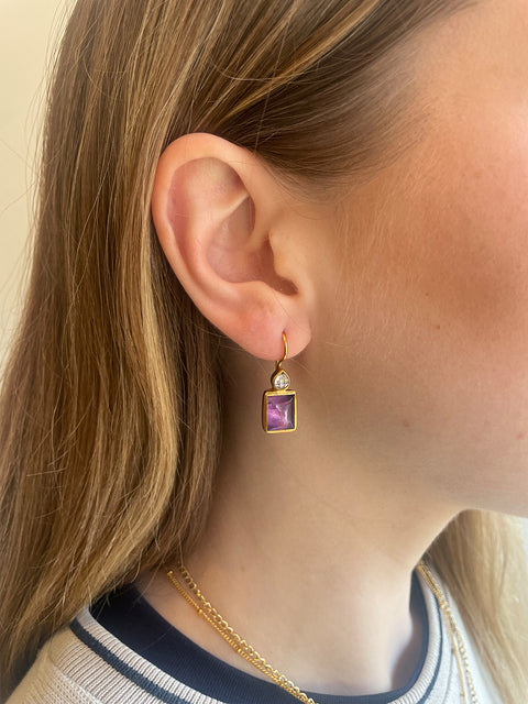 Lifestyle Shot of Sterling Silver Gold Plated Leila Earrings Set With Purple Amethyst Gemstone