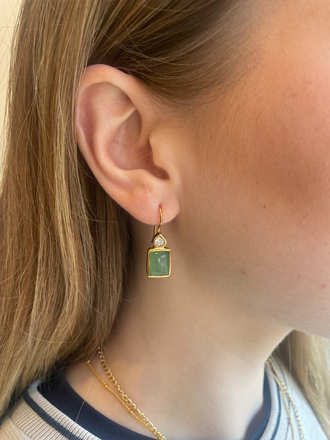 Lifestyle Shot of Sterling Silver Gold Plated Leila Earrings Set With Green Aventurine Gemstone