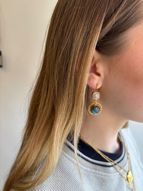 Lifestyle Shot of Devika Gold Plated Sterling Silver Rose Quartz & Labradorite Gemstone Earrings