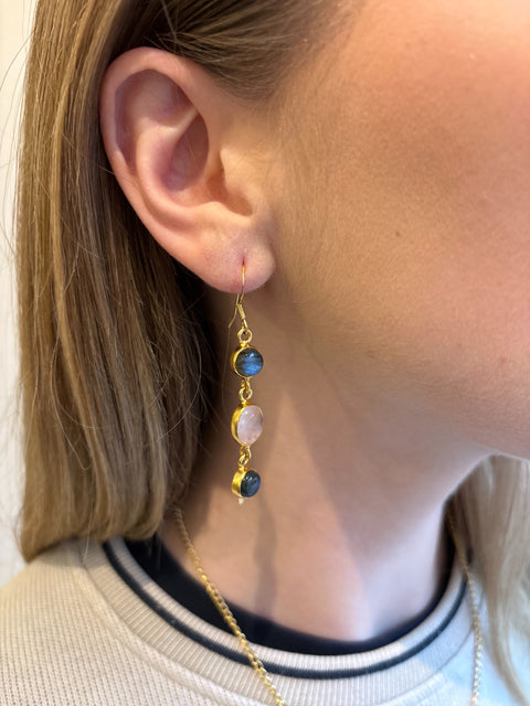 Model Image of Neha Sterling Silver Gold Plated Smokey and Rose Quartz Earrings