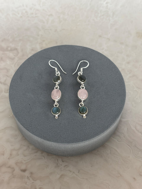 Front Shot Image of Neha Sterling Silver Gold Plated Smokey and Rose Quartz Earrings