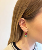 Model Ear Shot of Roshni Sterling Silver Gold Plated Dangle Earrings with Aventurine and Red Quartz Gem