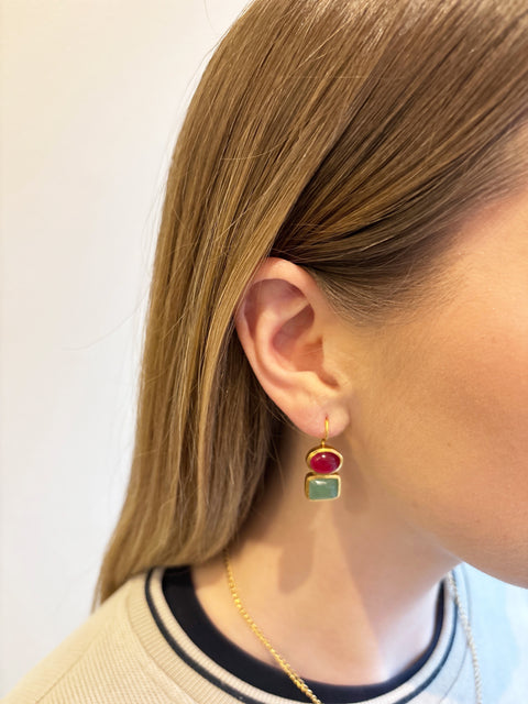 Model Ear Shot of Roshni Sterling Silver Gold Plated Dangle Earrings with Aventurine and Red Quartz Gem