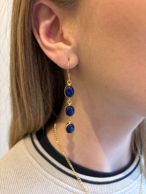 Model Shot of Zara Gold Plated Sterling Silver with 3 Chain Linked Lapis Lazuli Earrings