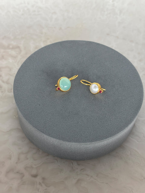 Charvi Earrings Come in Pearl or Aqua Chalcedony Gemstones Handcrafted in Jaipur & Ethically Sourced