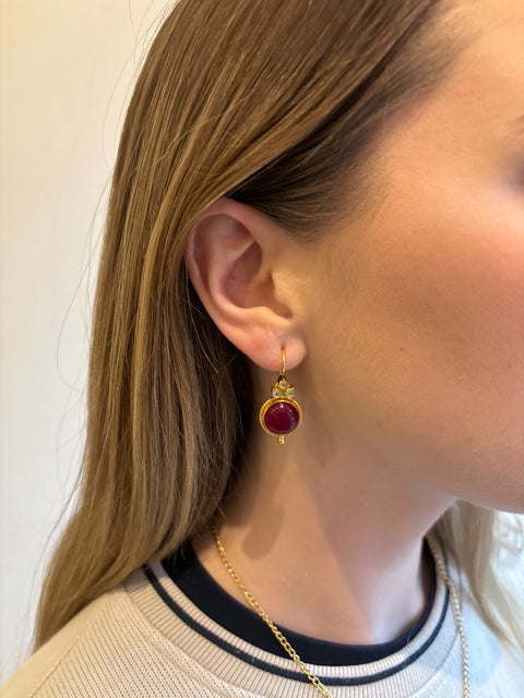 Model View of Amaya Sterling Silver Gold Plated Dangle Red Quartz Earrings