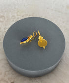 Rear View of Amaya Sterling Silver Gold Plated Dangle Lapiz Lazuli Earrings on Grey Pillow
