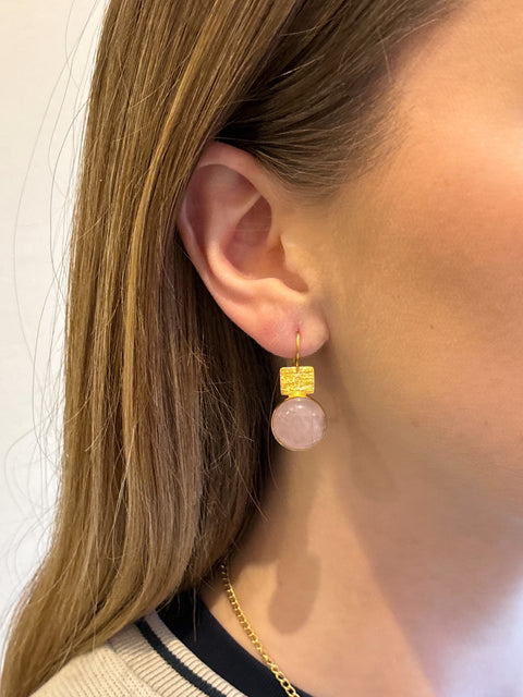 Model Shot of Pink Quartz Dangle Kaira Earrings Made With Sterling Silver and Gold Plated