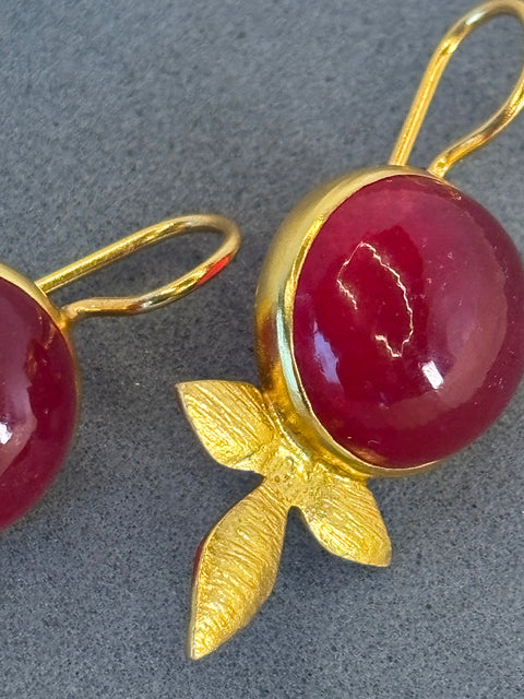 Close Up Shot of Maryam Sterling Silver Gold Plated Handcrafted Red Quartz Gem Earrings