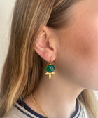 Lifestyle Shot of Maryam Sterling Silver Gold Plated Handcrafted Green Onyx Gem Earrings