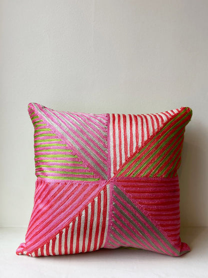 Pink and Lime Green Diamond Pattern Cushion Cover