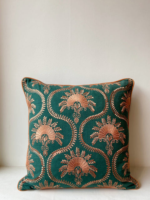 Dark Green Linen with Bronze Embroidery Cushion Cover - House of Roya