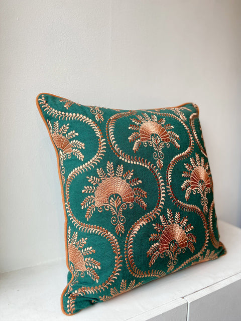 Dark Green Linen with Bronze Embroidery Cushion Cover - House of Roya