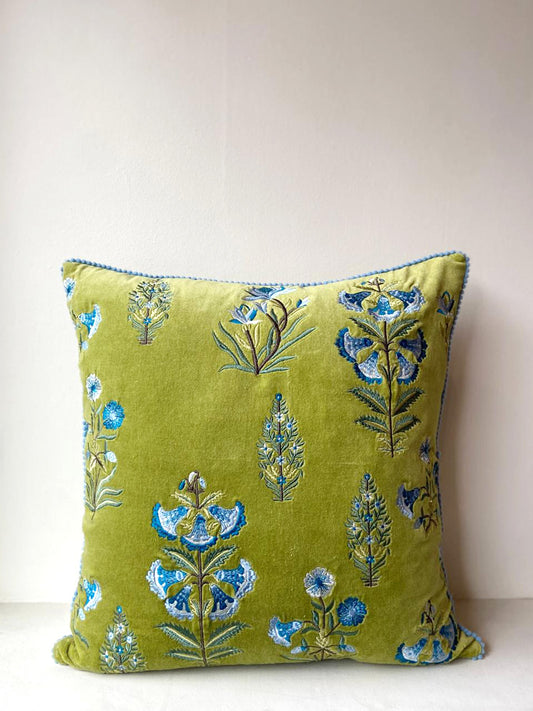 Floral Velvet Embroidered - Green with Blue Flowers