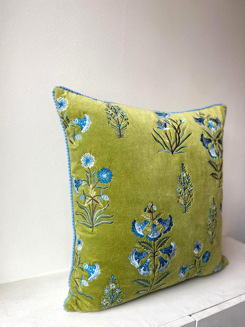 Floral Velvet Embroidered - Green with Blue Flowers