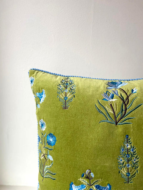 Floral Velvet Embroidered - Green with Blue Flowers