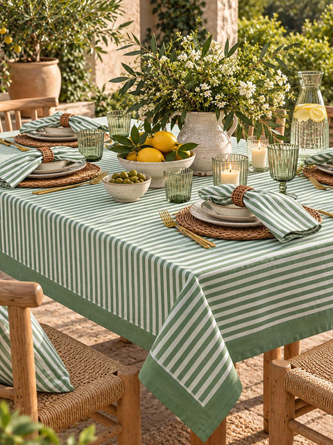 Fern Green Stripe Jaipuri Tablecloth