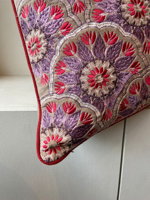 Embroidered Floral Pattern with Red Piping Cushion Cover