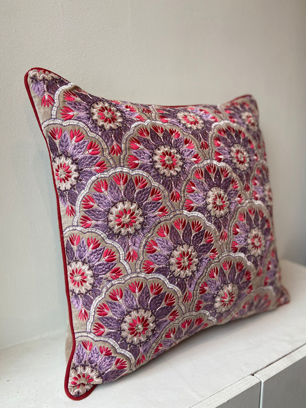 Embroidered Floral Pattern with Red Piping Cushion Cover