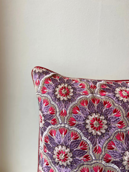 Embroidered Floral Pattern with Red Piping Cushion Cover