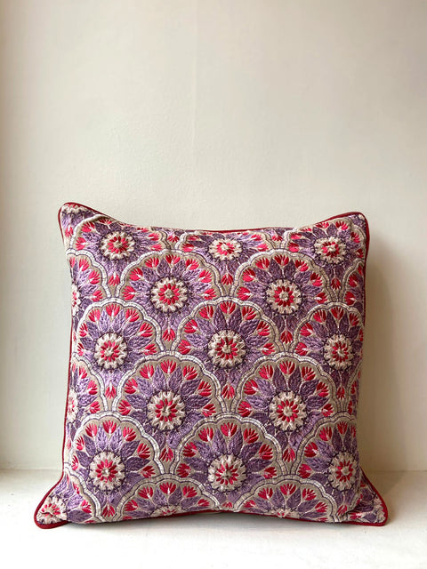 Embroidered Floral Pattern with Red Piping Cushion Cover