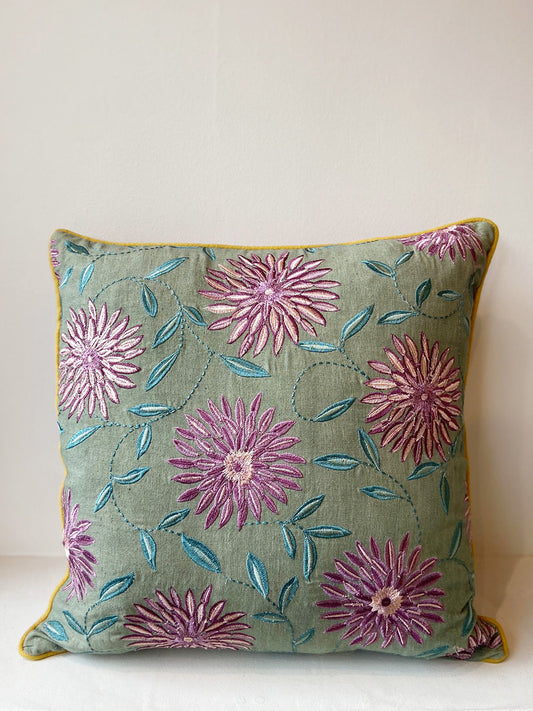 Floral Linen - Green with Purple Flowers Cushion Cover