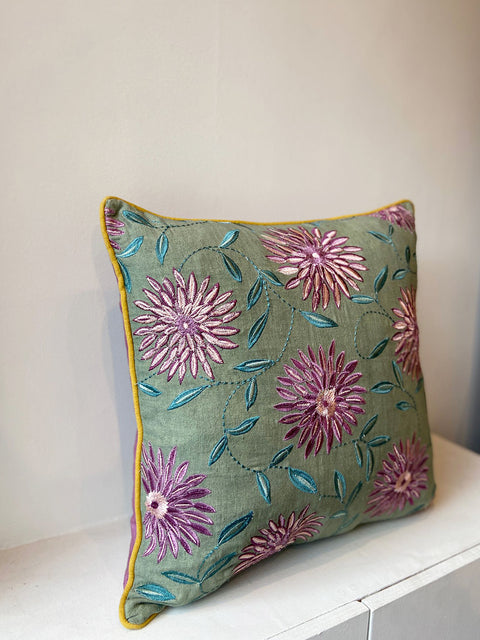 Floral Linen - Green with Purple Flowers Cushion Cover